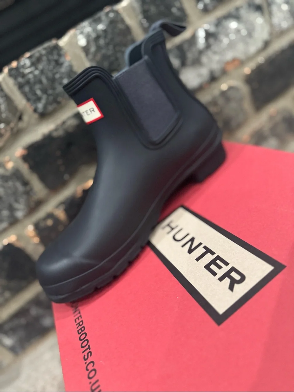 Hunter Black Original Chelsea Short Rain Boot with Red Logo